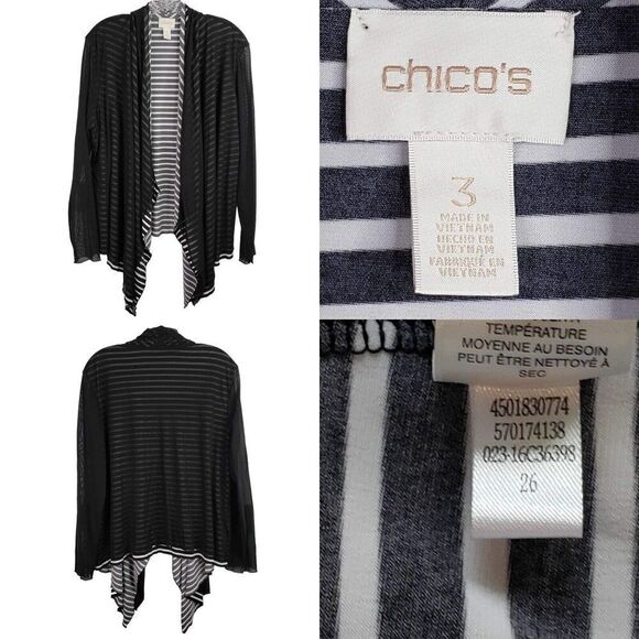 Chico's Cardigan Women's Size 3 US XL Black Stripe LS Draped Open Waterfall Hem - Picture 1 of 8